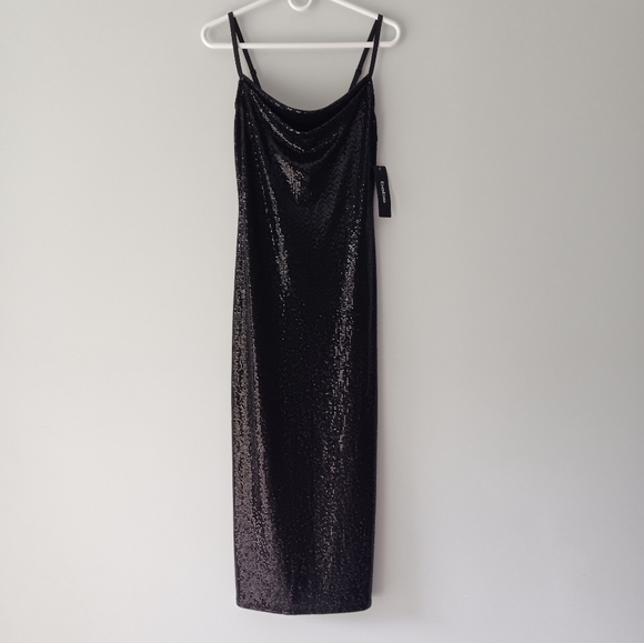 NEW Bebe Shiny Metallic Maxi Dress Spaghetti Strap Draped Neck Side Slit Medium - Picture 15 of 15